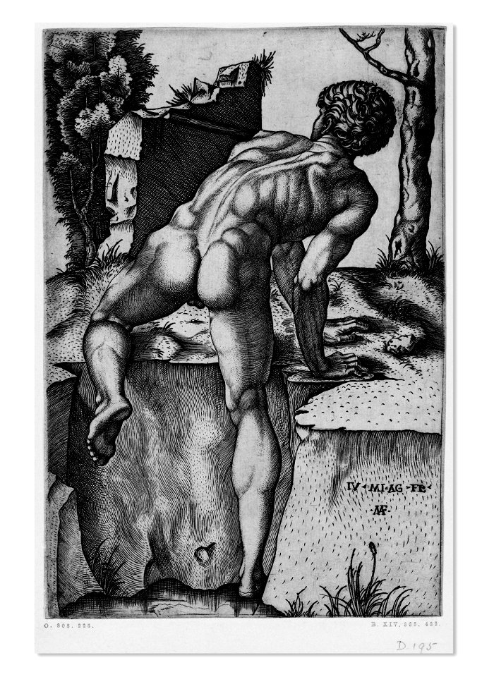 Marcantonio - A nude man seen from behind, climbing onto a river-bank, 1868,0822.55
