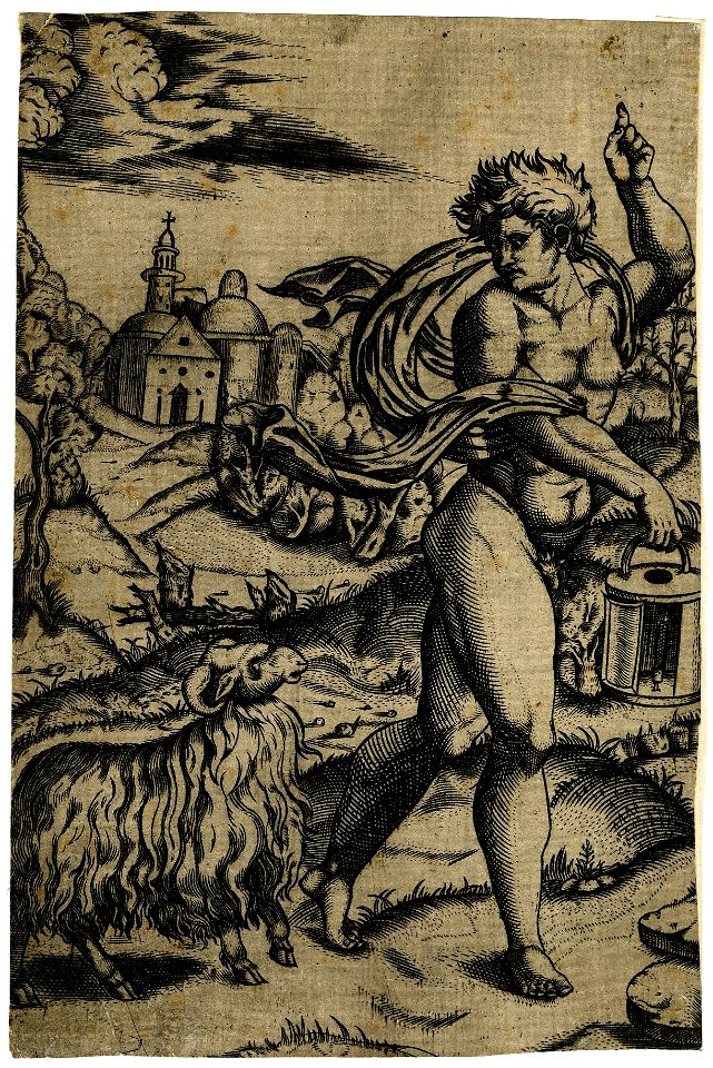Marcantonio - After - A nude young man walking right, gesturing upwards with his left hand, carrying a lantern with his right and looking backwards over his shoulder at a ram, 1867,0413.560