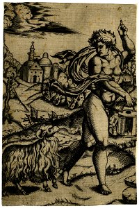 Marcantonio - After - A nude young man walking right, gesturing upwards with his left hand, carrying a lantern with his right and looking backwards over his shoulder at a ram, 1867,0413.560