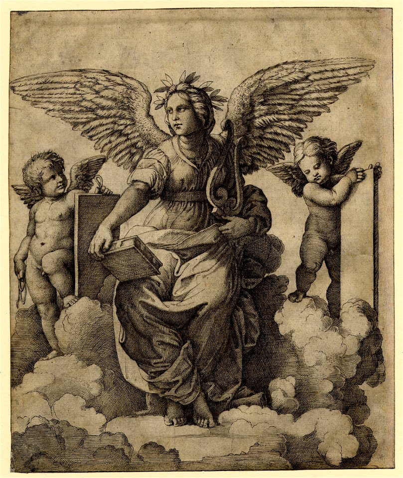 Marcantonio - A winged woman, Poetry personified, sitting on a throne of clouds, 1895,0915.130