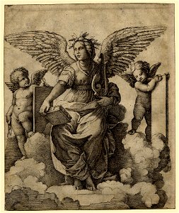 Marcantonio - A winged woman, Poetry personified, sitting on a throne of clouds, 1895,0915.130
