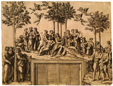 Marcantonio - After - Apollo seated on Parnassus among the Muses and famous poets, after Raphael. c.1515, H,2.28. Free illustration for personal and commercial use.