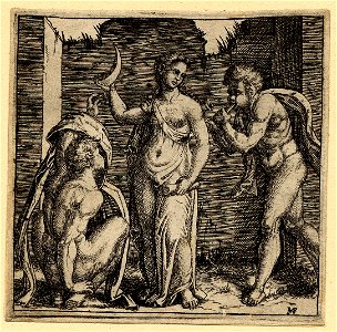 Marcantonio - A woman standing at centre holding a crescent moon in her raised right hand and a scroll in her left, flanked by two men, 1840,0808.13