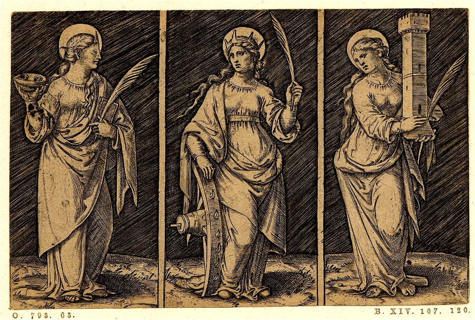 Marcantonio - Sts. Lucy, Catherine and Barbara holding a cup containing a set of eyes, a wheel and a tower respectively, H,1.67