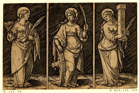Marcantonio - Sts. Lucy, Catherine and Barbara holding a cup containing a set of eyes, a wheel and a tower respectively, H,1.67