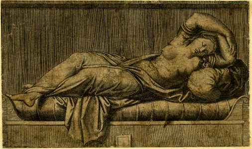 Marcantonio - After - Cleopatra lying partly naked on a bed where she appears to have died from the snake bite, it is entwined around her arms, 1874,0808.235