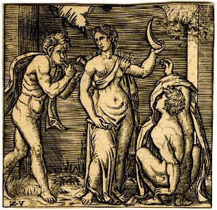 Marcantonio - After - A woman standing at centre holding a crescent moon in her raised left hand and a scroll in her right, flanked by two men, 1876,0510.813