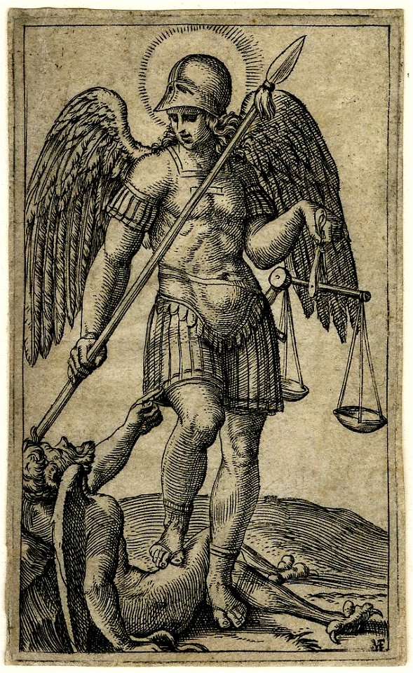 Marcantonio - St Michael standing with his right foot resting on the body of a demon, holding a spear in his right hand and scales in his left, 1895,0915.115