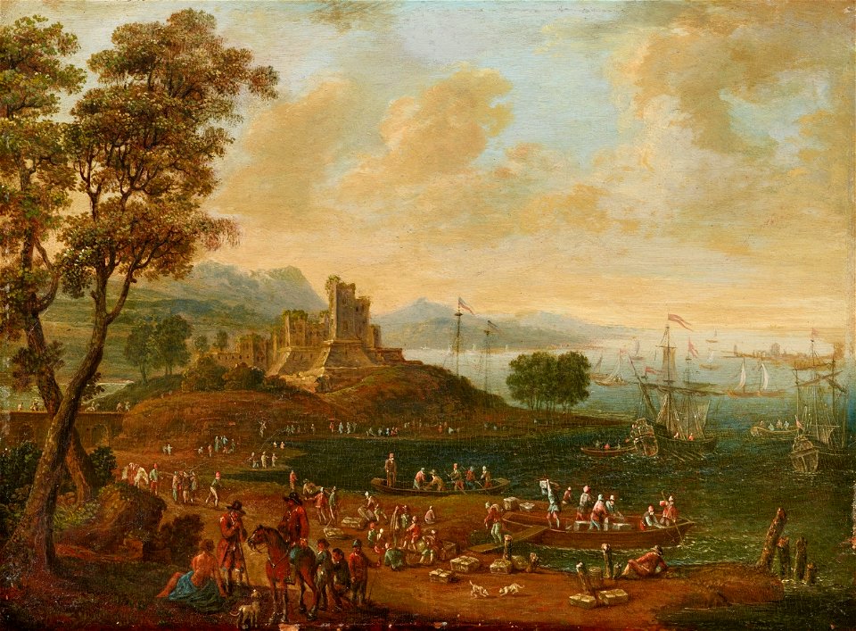 Marc Baets - Two fanciful harbour scenes with figures