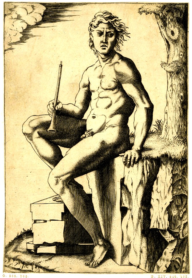 Marcantonio - A nude man, sitting on a rocky outcrop, holding a flute in his right hand, H,3.74