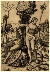 Marcantonio - Mars, nude and sitting on a rock, beside which lays a shield and armour, is grasping Venus, also nude, by the right shoulder, H,2.96