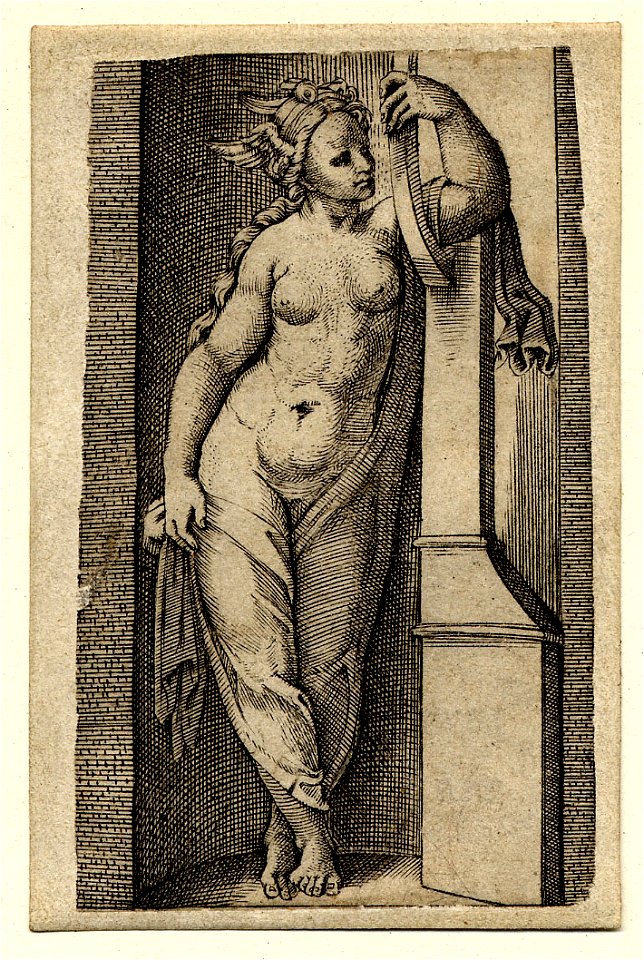 Marcantonio - A nude woman with a winged head standing in a niche and leaning with her left arm on a harp-like instrument, 1873,0809.745