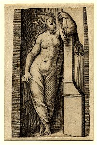 Marcantonio - A nude woman with a winged head standing in a niche and leaning with her left arm on a harp-like instrument, 1873,0809.745