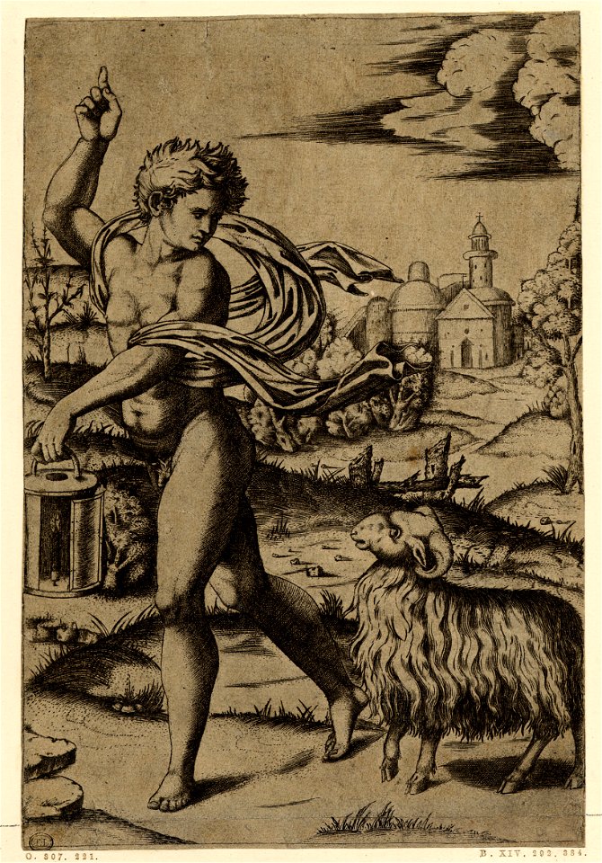 Marcantonio - A nude young man walking left, gesturing upwards with his right hand, carrying a lantern with his left and looking backwards over his shoulder at a ram, H,3.26