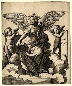 Marcantonio - A winged woman, Poetry personified, sitting on a throne of clouds, holding a lyre in her left arm and a closed book in her right, flanking her are two genii holding uninscribed tablets, H,3.24
