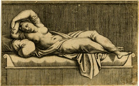 Marcantonio - After - Cleopatra lying partly naked on a bed where she appears to have died from the snake bite, it is entwined around her arms, H,2.14