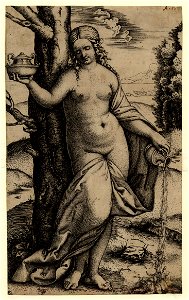 Marcantonio - A nude young woman, standing, holding a vase in her upraised right hand and watering a plant with a jug of water with her left., 1910,0212.342