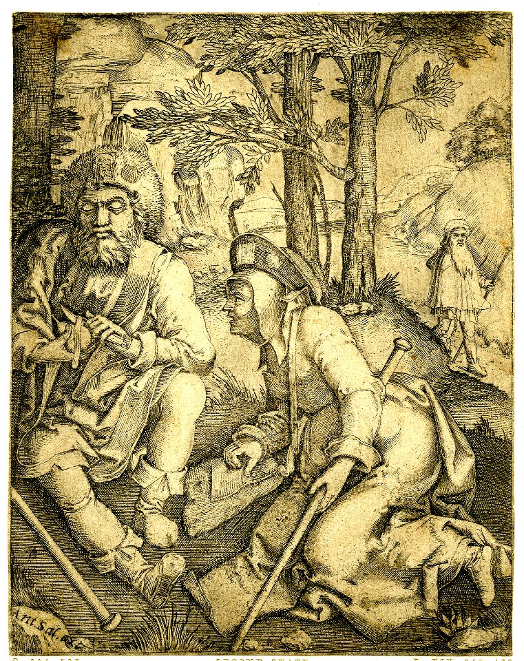 Marcantonio - A woman sitting on the ground leaning on her right arm and holding a walking stick in her left, looking at a man at left, peeling a pear, 1857,0711.30
