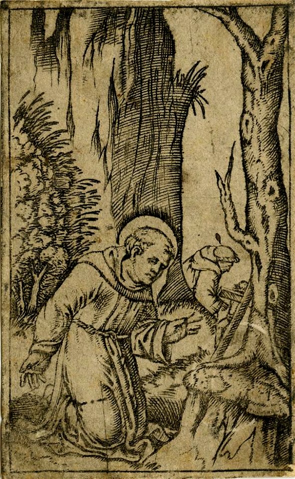 Marcantonio - After - St Francis of Assisi kneeling before a crucifix which is leaning against a tree trunk, H,1.105