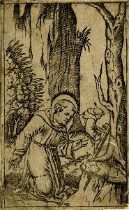 Marcantonio - After - St Francis of Assisi kneeling before a crucifix which is leaning against a tree trunk, H,1.105