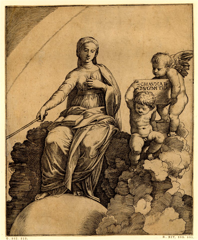 Marcantonio - A personification of Philosophy sitting on clouds with her feet resting on a globe, holding her left hand to her chest and her right extended holding a sceptre, an open book lays across her lap, H,3.20