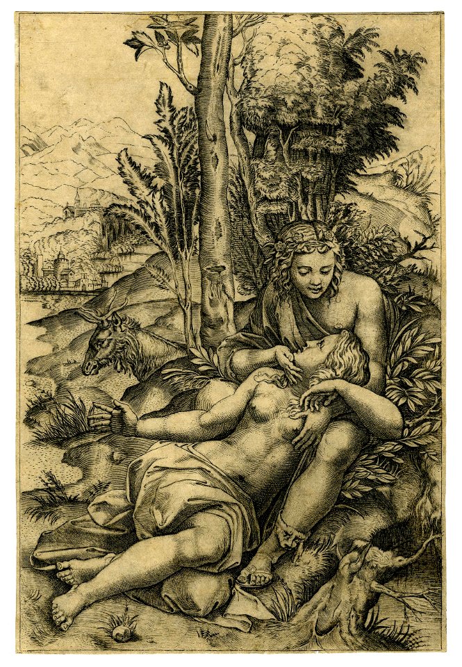 Marcantonio - After - Medor sitting on the ground, looking down at and caressing Angelica whose head lies in his lap, 1863,0725.1740