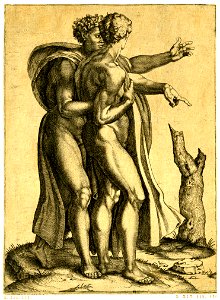 Marcantonio - Two semi-nude men standing side by side, both gesturing with their outstretched left arms, at right a tree-trunk, H,3.72