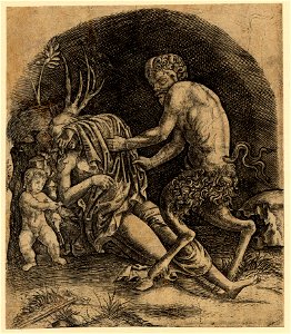 Marcantonio - A satyr pulling back drapery covering the left hand and face of a nymph who is seated against a rock with her left leg extended and right leg bent, 1857,0711.22.+