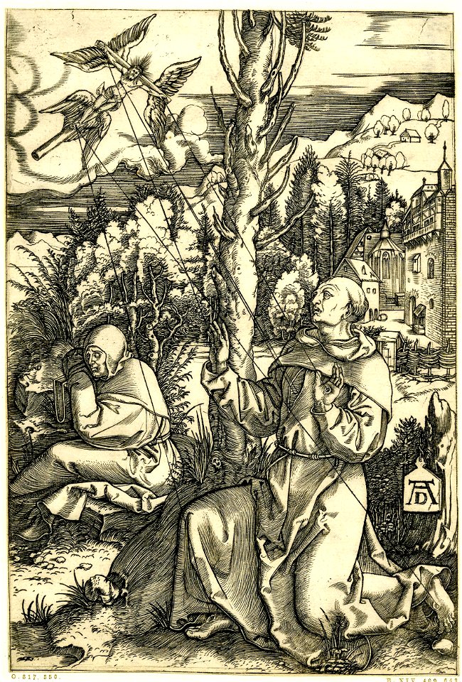 Marcantonio - St Francis kneeling with his arms spread, beside a tree, his stigmata are linked with rays to those of a figure of the crucified Christ in the top left corner, 1860,0728.644