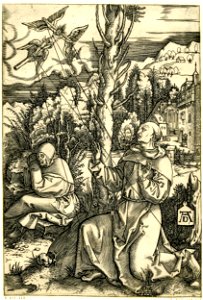 Marcantonio - St Francis kneeling with his arms spread, beside a tree, his stigmata are linked with rays to those of a figure of the crucified Christ in the top left corner, 1860,0728.644