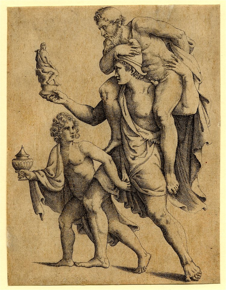 Marcantonio - Aeneas carrying his father, Anchises, on his shoulders and holding in his right hand one of the penates, is preceeded by a youth holding a vase, 1856,1213.67