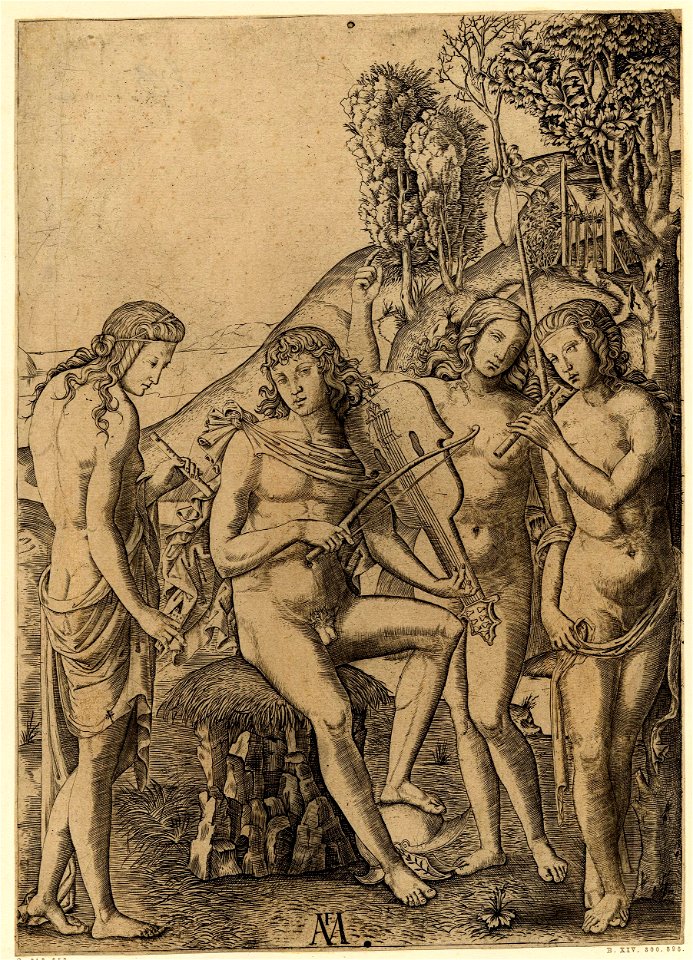 Marcantonio - A young man, seated and playing the violin at centre with his left foot resting on a helmet, H,3.44