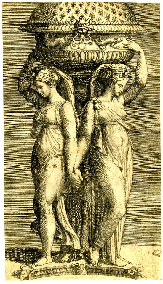 Marcantonio - Two caryatids, leaning against a truncated column, supporting a censer decorated with flower and salamander motifs, with one arm and holding hands with the other, 1874,0808.242, Marcantonio Raimondi