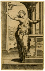Marcantonio - After - Lucretia's suicide, she holds a blade in her left hand, set against a classical arcade, after Raphael, copy in reverse after Marcantonio, 1874,0808.234