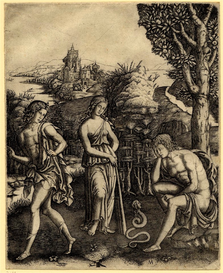 Marcantonio - A young man sitting at the foot of a tree resting his chin in his right hand, observing the human headed snake in front of him, 1895,0915.132