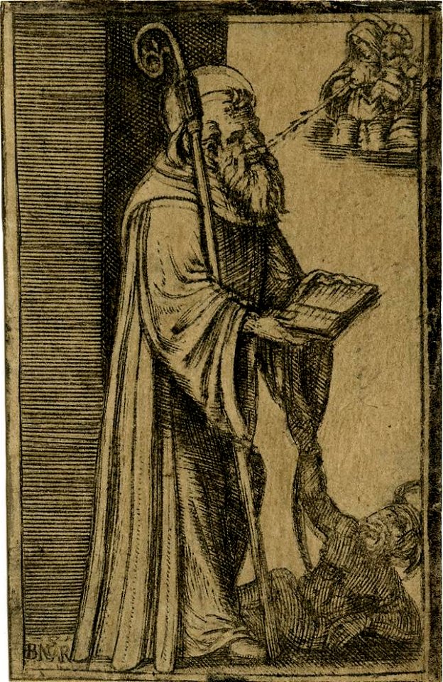 Marcantonio - After - St Bernard holding an open book with both hands and looking towards the Virgin and Child on clouds, H,1.99