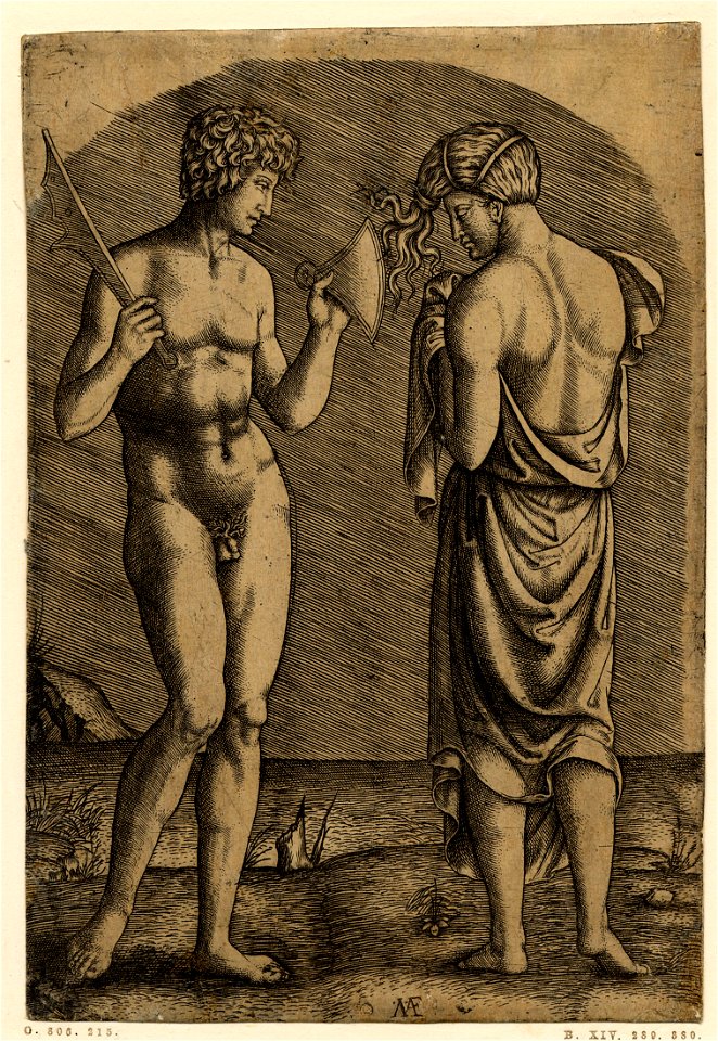 Marcantonio - A nude man holding a saw in his right hand and showing a woman the axe in his left hand, H,3.19