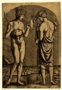 Marcantonio - A nude man holding a saw in his right hand and showing a woman the axe in his left hand, H,3.19. Free illustration for personal and commercial use.