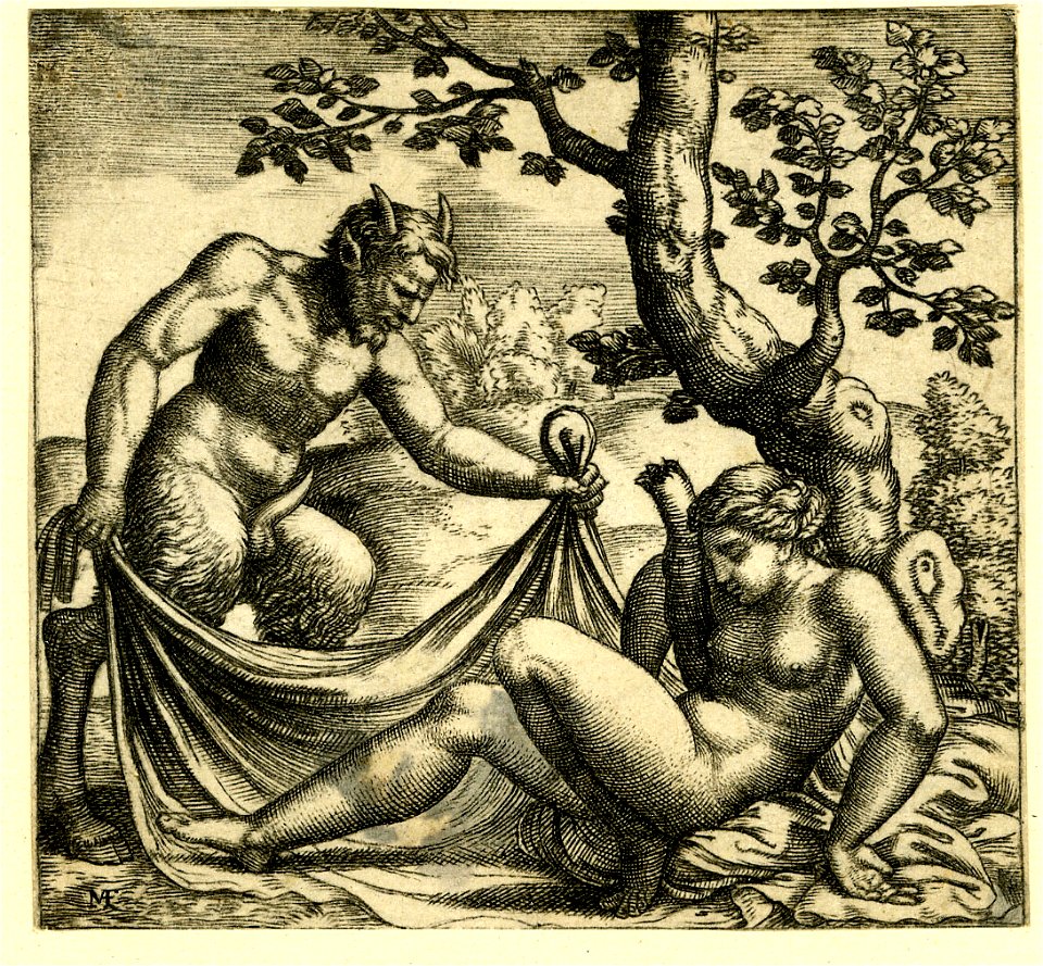 Marcantonio - A nude sleeping nymph at right leaning against a tree being uncovered by a satyr at left who holds the ends of a piece of drapery in both hands, 1865,0708.84