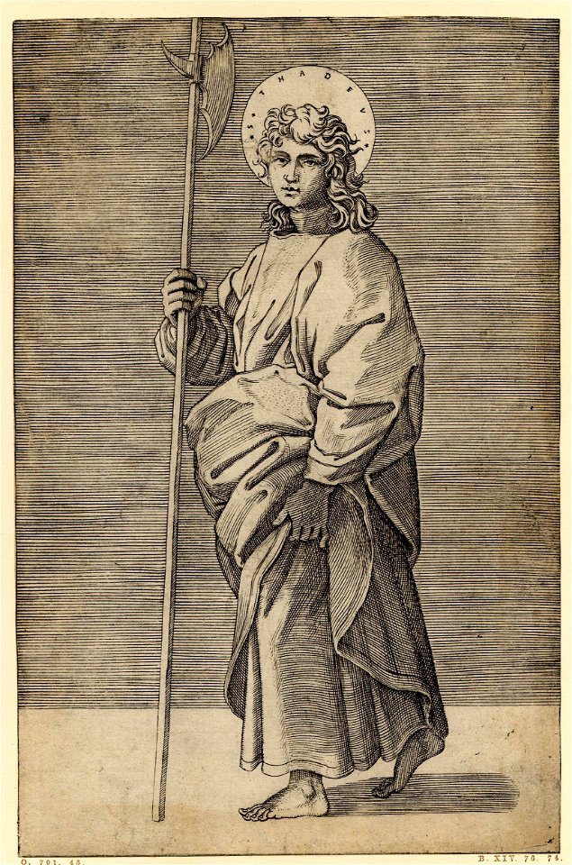 Marcantonio - St Jude (St Thaddeus) holding a halberd in his right hand and lifting his robes with his left., 1857,0711.11