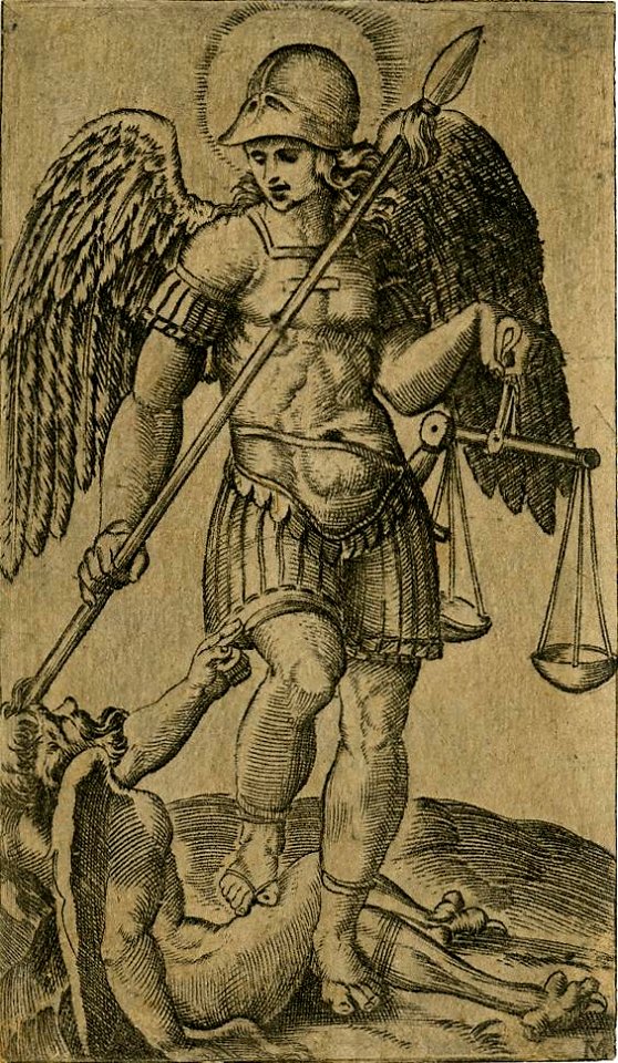 Marcantonio - After - St Michael standing, his right foot resting on a demon, holding a spear in his right hand and scales in his left, H,1.114