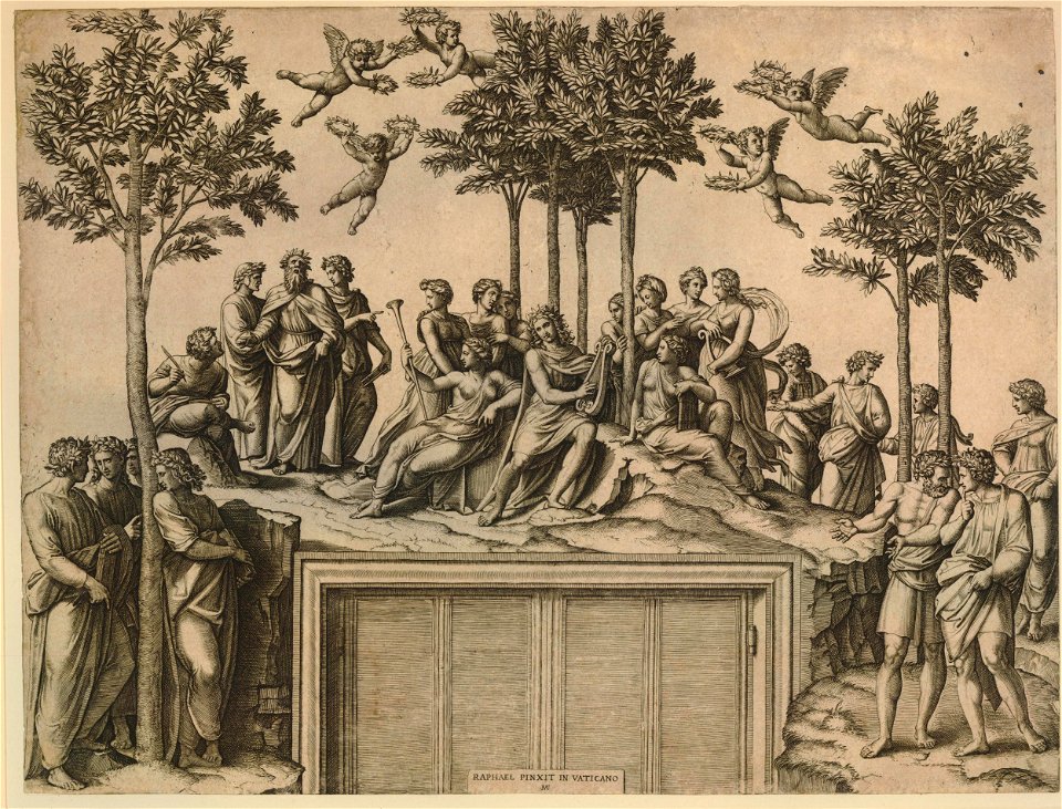 Marcantonio - Apollo seated on Parnassus among the Muses and famous poets, after Raphael. c.1515, 1910,0212.335