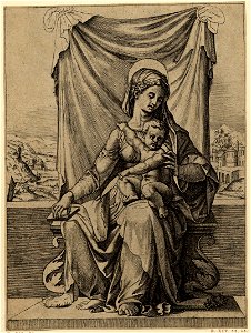 Marcantonio - The Virgin seated on a throne with sculpted lion's feet, H,1.38
