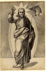 Marcantonio - Christ standing within a penumbra of light raises his right hand in benediction and holds a banner in his left, 1857,0711.1