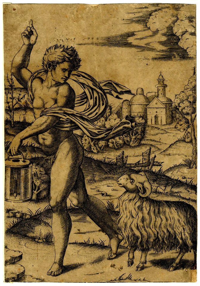 Marcantonio - A nude young man walking left, gesturing upwards with his right hand, 1982,U.3578