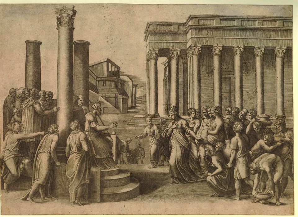 Marcantonio - The Queen of Sheba arriving before Solomon, seated at the left below three columns, H,1.16