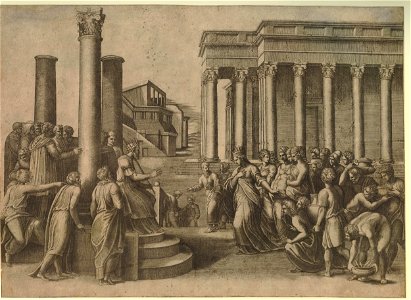 Marcantonio - The Queen of Sheba arriving before Solomon, seated at the left below three columns, H,1.16