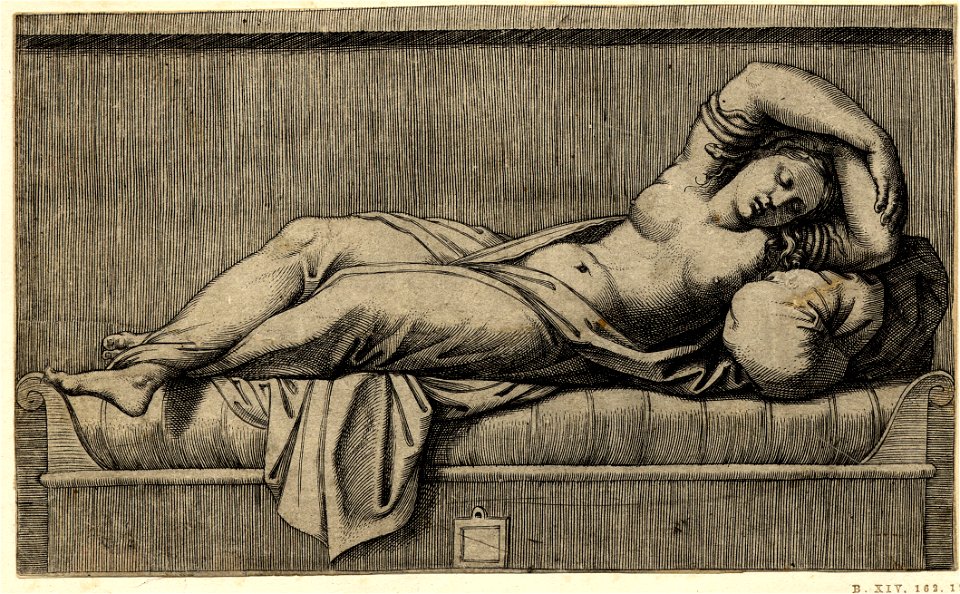 Marcantonio - Cleopatra, lying semi-nude on a bed where she appears to have just passed away due to the bite of the asp entwined around her arms which she holds above her head, 1910,0212.332