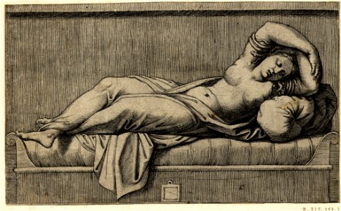 Marcantonio - Cleopatra, lying semi-nude on a bed where she appears to have just passed away due to the bite of the asp entwined around her arms which she holds above her head, 1910,0212.332