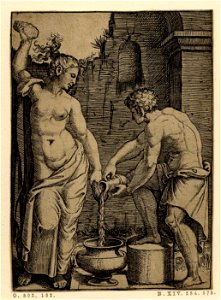 Marcantonio - A semi-nude woman at left holding a sponge in her upraised right arm and another in her lowered left arm, 1850,0525.16